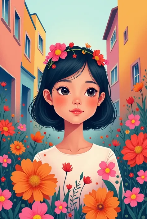 Girl，Flowers，street，Flat Color，abstract，gorgeous，Gradient colorful theme，simple background