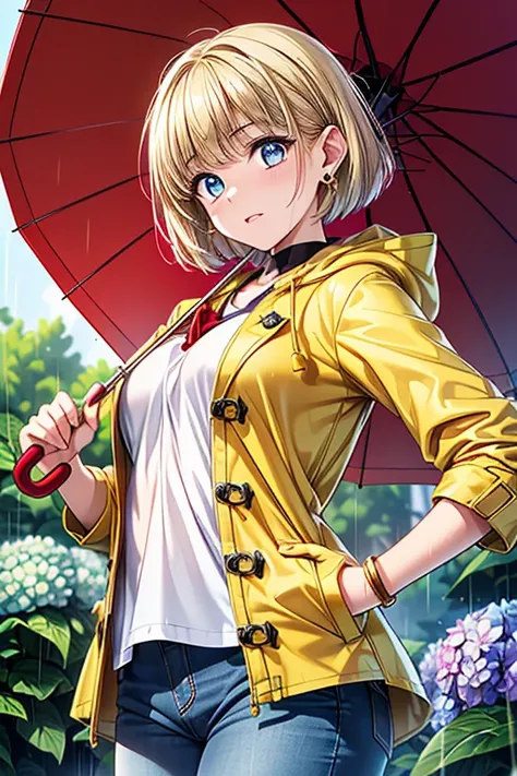 Girl posing for a photo, animeのcute女の子, ((One Girl)), ((Baby Face:1.3)) + ((cute:1.3)), 
break 

((Yellow raincoat:1.5)) : ((Put on the hood)), ((Black Shirt)) + ((Skinny denim pants)), 
((Red earrings)), ((Fancy Gold Bracelet)), 
break 

((Blonde:1.2)), (...