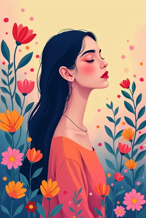 Girl，Flowers，Flat Color，abstract，gorgeous，((Gradient colorful theme))，simple background