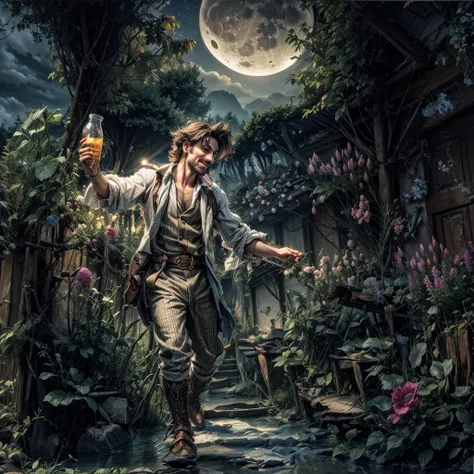 a jolly fellow with a bottle in his hand, dancing in a night blooming garden illuminated by a huge bright shining moon