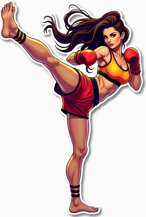 A beautiful girl with long wavy hair wearing a Thai boxing outfit, in a high kick pose and showing the audience, is a sticker image.