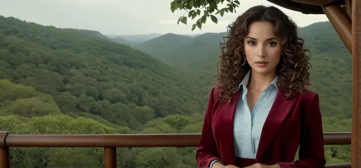 in this image, a woman is standing in a sexy pose, crossing her arms in front of her. she is wearing a red velvet blazer over a ...