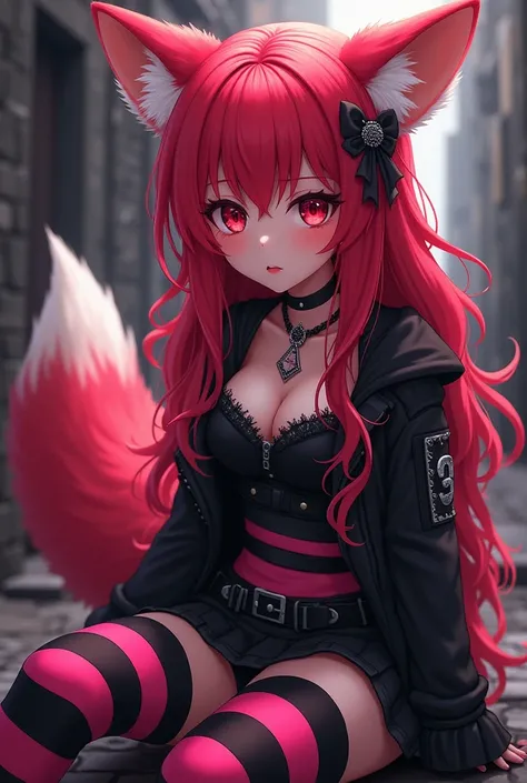 An emo foxy  girl gorgeous wearing pink and black striped stokings vibrat masterpiece ultra detailed anime art style 