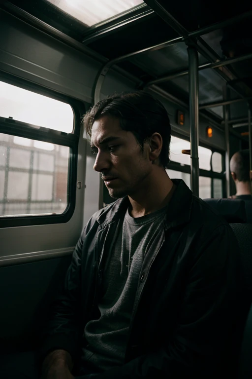 Ambient, gloomy man on bus in the morning, Yearning, sadness