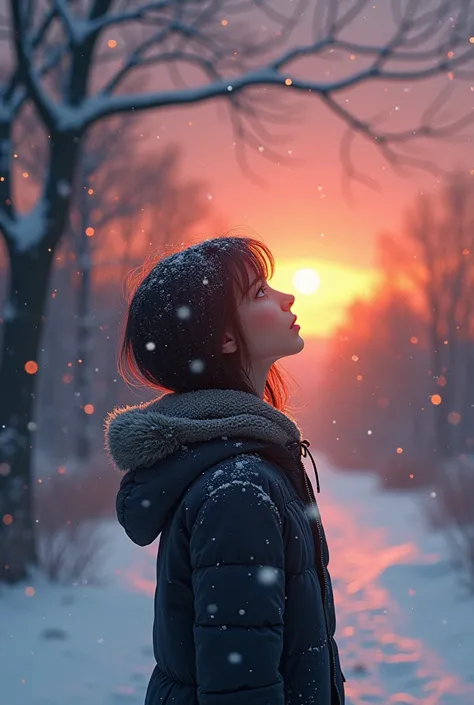 Snowflakes falling on my head，Meeting the sunset is like the spark you borrowed from me temporarily
