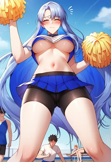 score_9,score_8_up,score_7_up,mgirly, 1girl, 2boys, faceless male, clothed male, held up, knees up, spread legs, spread arm, arm around shoulder, brynhildr (fate), fate/grand order, very long hair, blue colored inner hair, crop top overhang, underboob, no ...