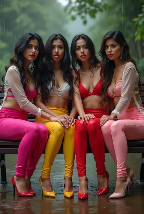 Four Pakistani school girls, 18 years of age, with feet attending a wedding. Wearing stilettos and tight shiny colorful leggings and sheer unbuttoned shirts. mouths wide open. Full length picture of them sitting together. Hair and clothes wet from rain. St...