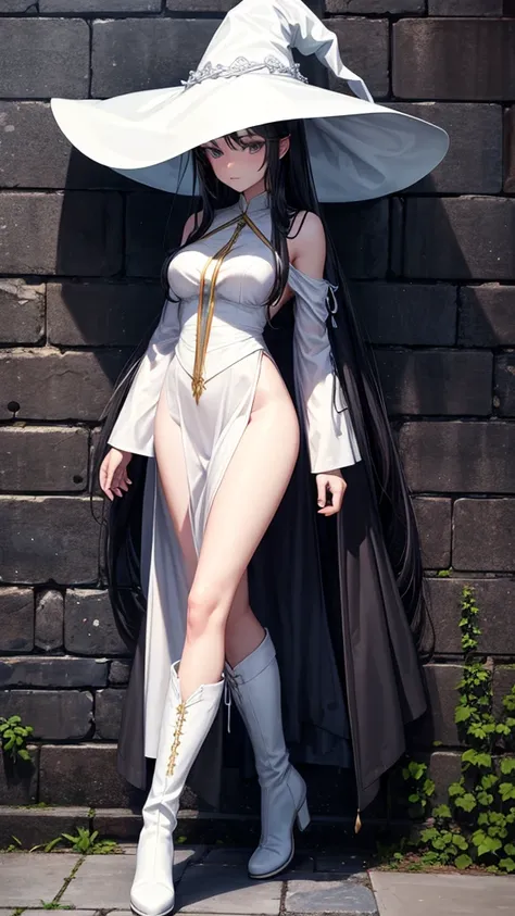  medium breast, long black hair. She has green slanted eyes. Straight hair to the shoulder wearing a large witch hat. Wearing white laytex witch outfit with boots, lighting storm background, leaning her back against a wall, one leg slightly bent at the kne...