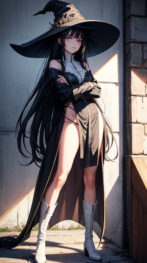  medium breast, long black hair. She has green slanted eyes. Straight hair to the shoulder wearing a large witch hat. Wearing white laytex witch outfit with boots, lighting storm background, leaning her back against a wall, one leg slightly bent at the kne...