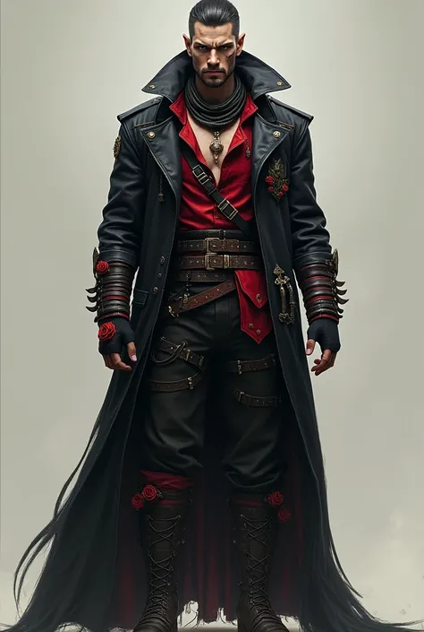 Make an intimidating-looking 8-foot-tall half-elf with red and black punk clothes with rose details and a high-collared coat and small scars on his face and random parts of his body.