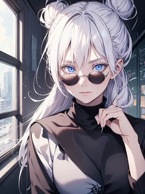 Woman, age 18, white hiar, hair bun, wears round sunglasess, white eyebrows, white eyelash, white eyelashes, albino, detailed eyes, glowing eyes, galaxy eyes, wearing black shirt, black clothing, in classroom, school, high quality, 4k resolution, anime