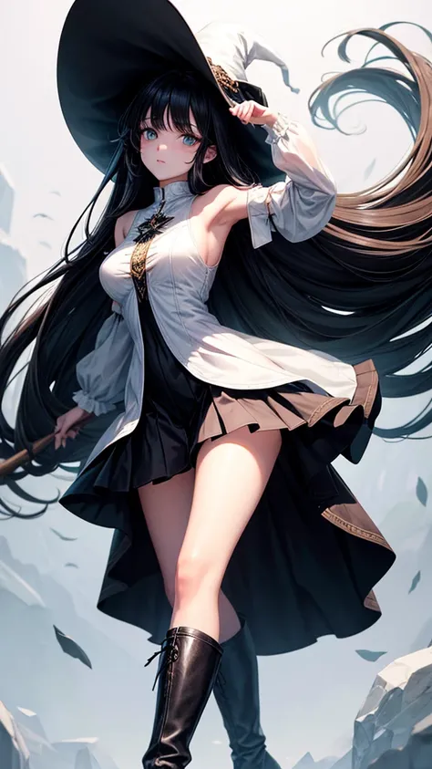  medium breast, long black hair. She has green slanted eyes. Straight hair to the shoulder wearing a large witch hat. Wearing white laytex witch outfit with boots, lighting storm background, standing tall with a slight lean forward or backward, her dress b...