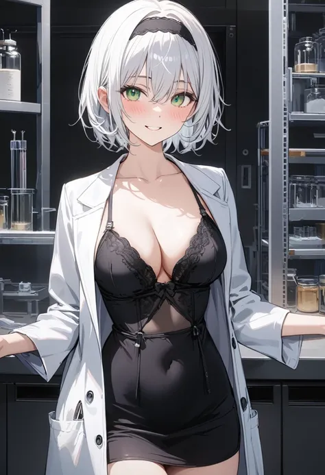 8K, top-quality, masterpiece,Super Detail, Highly detailed,beautifully detailed eyes,highest quality,super detailed,detailed face,lab,1 girl,black hairband,scrawny,wear white lab coat,BREAK,large breasts,(shortcut),((pale white hair)),BREAK,cleavage,black ...