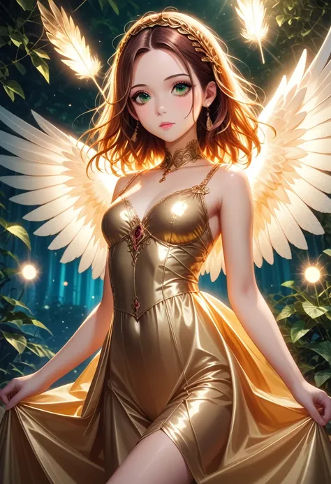 graceful extraterrestrial female figure, glowing feathers, surrounded by shiny things, magical creatures in the magical forest. ...