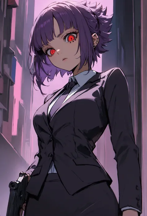 Woman in a suit, Looking down at the viewer with piercing eyes,  Short tight skirt、beautiful, Red Eye, Purple Hair, Cutting wolf hair, Low angle view、Full body portrait、Motoko Kusanagi、He has a gun