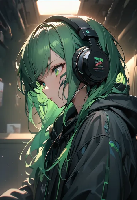 (masterpiece:1.2, Highest quality)、solo、Green Hair、long、Green Eyes、cool、Very detailed,Neutral、Neutralな顔立ち、1 person, 20th Generation、alone, hoodie, Facial Contour, headphone、gossiper