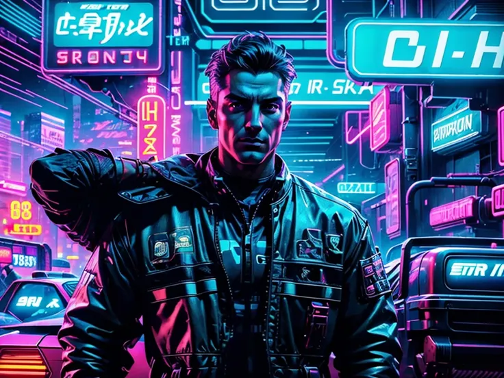 realistic male character with neon retro cyberpunk car, futuristic neon city, detailed face, high quality, cinematic lighting, i...