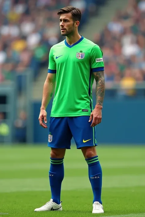 Create green soccer jerseys and a little bit of blue shorts, shirt and socks: that has a small fig insignia on the side of the chest