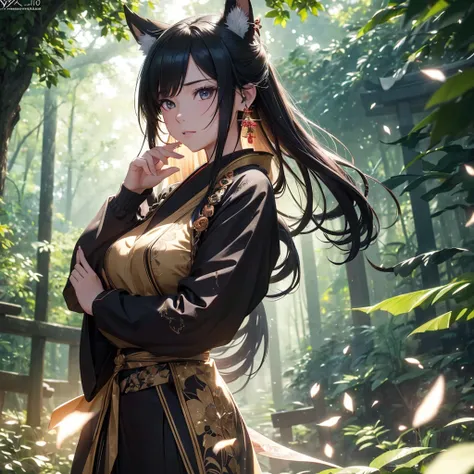 1girl, long flowing hair, animal ears, dangling earrings, standing within lush deep forest in Japan, large torii gate architecture in foreground, sparkling atmosphere, (best quality,4k,8k,highres,masterpiece:1.2),ultra-detailed,(realistic,photorealistic,ph...