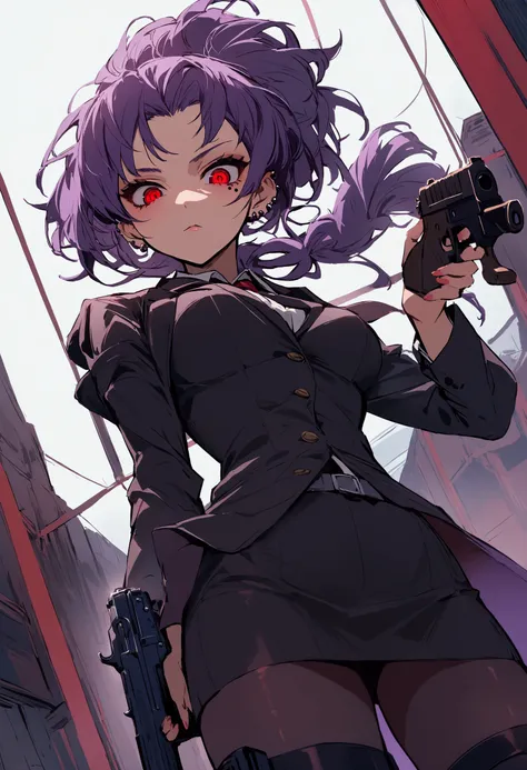 Woman in a suit, Looking down at the viewer with piercing eyes,  Short tight skirt、beautiful, Red Eye, Purple Hair, Cutting wolf hair, Low angle view、Full body portrait、Motoko Kusanagi、He has a gun