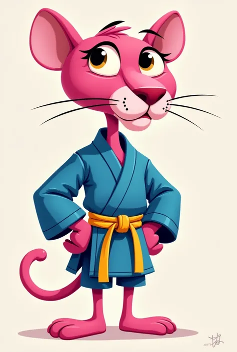 draw 2D pink panther pen is wearing vovinam uniform, blue clothes, yellow belt