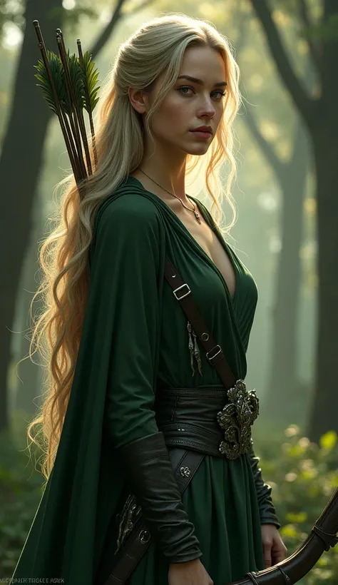 Create a fantasy female character inspired by a forest hunter.。She has long, flowing blonde hair、She wears an elegant dark green outfit made from soft leather and silk.。She is carrying a bow and quiver with intricately designed arrows.。A mysterious forest ...