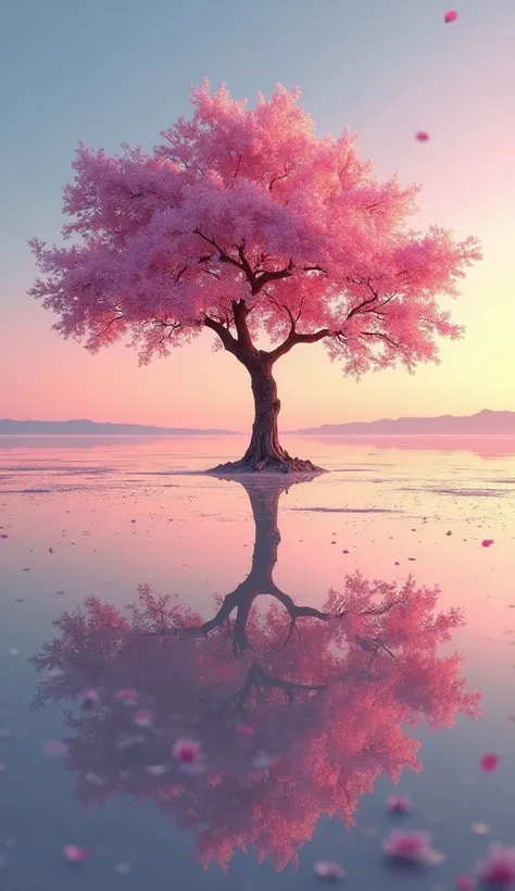 Create a highly detailed and surreal photo real,image of a fully bloomed cherry blossom tree standing alone in the middle of the Uyuni Salt Flats at sunset. The vast, mirror-like surface of the salt flats reflects the vibrant pink blossoms of the tree and ...