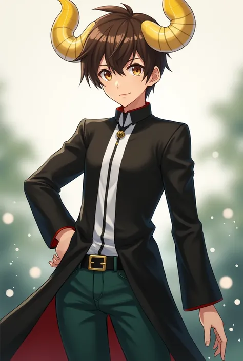 Make me an anime character that I have to be a boy who has brown eyes and brown hair, has a long black shirt with a white one in the middle, a small black tie, dark green jeans, and yellow and white curved horns.