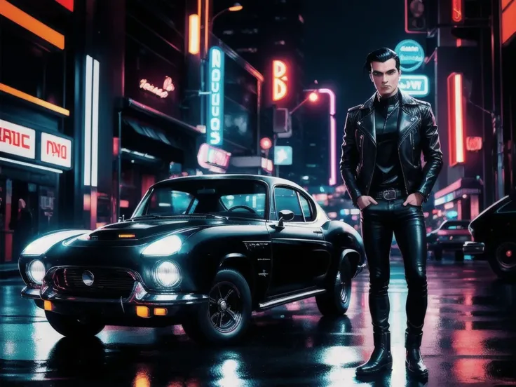 a man with slicked-back black hair, wearing a black leather jacket, tight jeans, and black boots, standing in front of a neon-lit retro-futuristic cityscape, with a sleek, neon-accented vintage car in the background, cinematic lighting, highly detailed, ph...