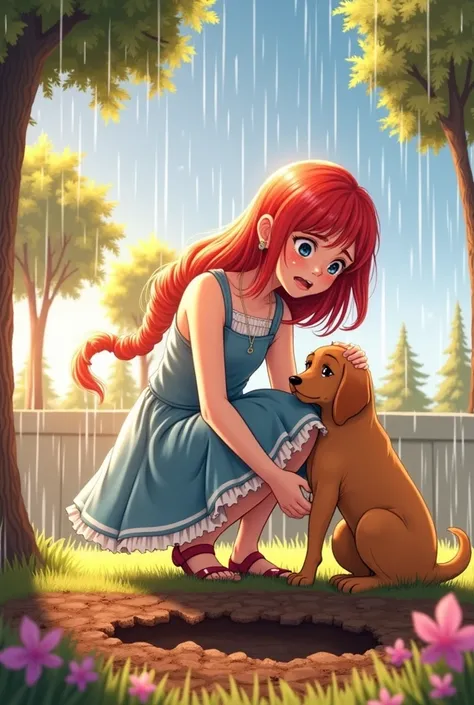 girl with red hair and blue dress ,in the backyard, crying burying your dog at night raining pixxa style