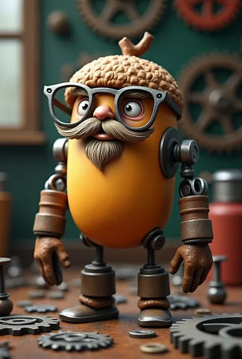 An image of an acorn with a goatee-type beard and glasses, a mechanic by profession
