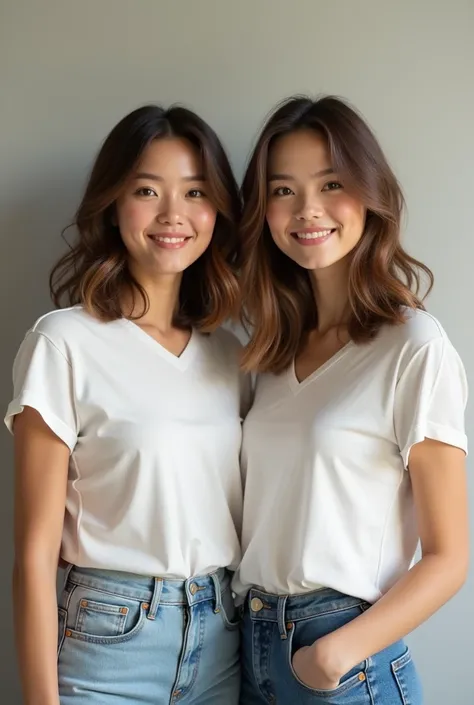 photorealistic image of a 2 woman with an average, everyday appearance. She has medium-length brown hair, light skin, and casual clothing like a simple t-shirt and jeans. Her facial features are pleasant, but not overly striking, giving her an approachable...