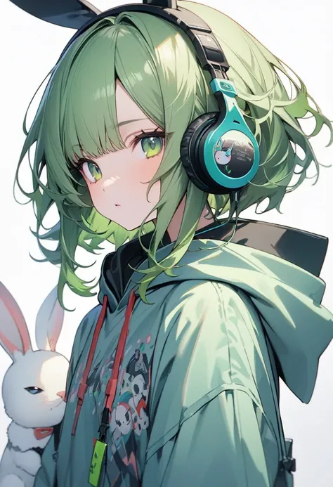 (masterpiece:1.2, Highest quality)、solo、Green Hair、long、Green Eyes、cool、Very detailed,Neutral、Neutralな顔立ち、1 person, 20th Generation、alone, hoodie、headphone、gossiper、Rabbit