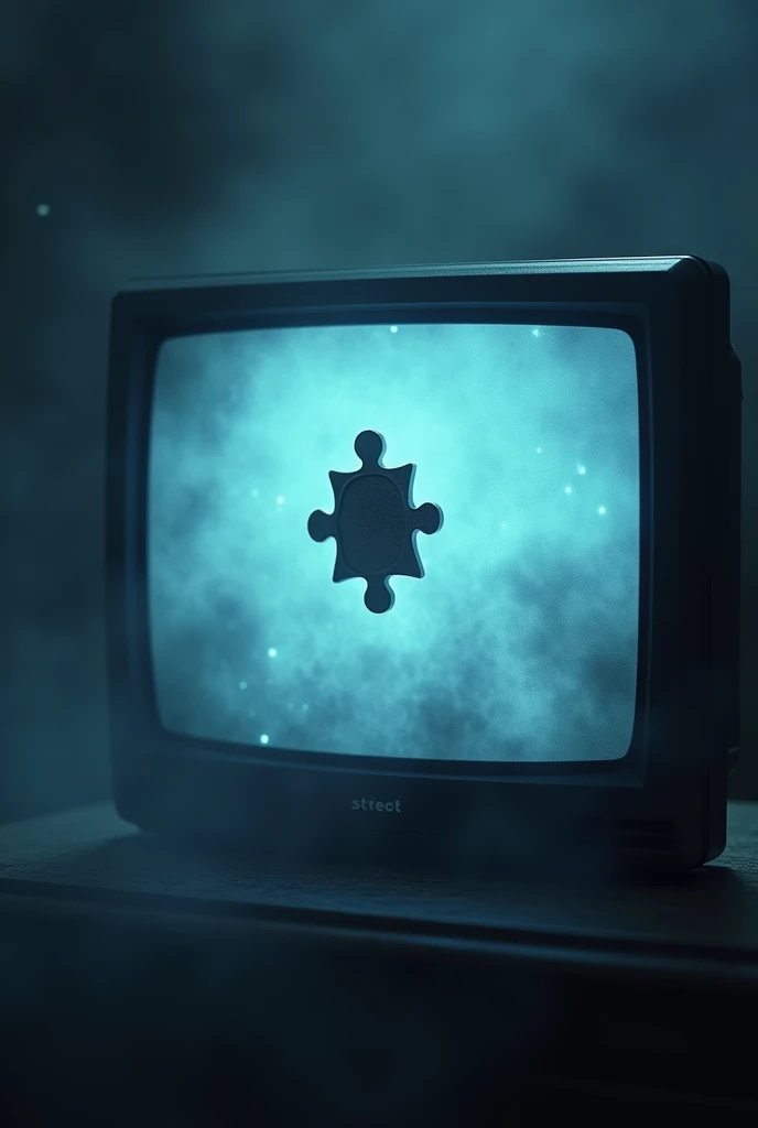 silver puzzle piece on a TV screen in a mystical room 