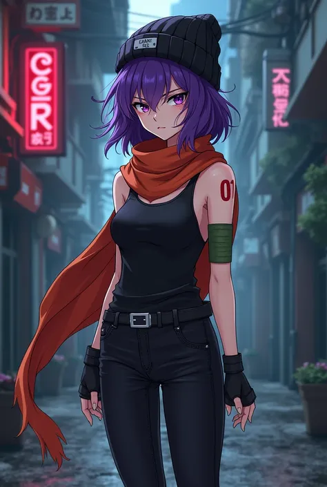 *a young pale lady with purple beanie and tip purple hair and black glazing death eye with orange scarf and with fingersless gloves black tank top and black officer pant with fade purple shoe also know as eva she got tattoo 01 that red she also wear green ...