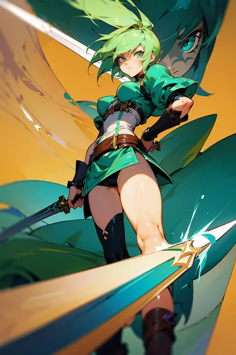 a close up of a cartoon character holding a large sword, riven, riven from league of legends, as a badass monster hunter, league of legends style art, 2d game fanart, 2d concept art, interesting character design, a blonde emerald warrior, warrior character...