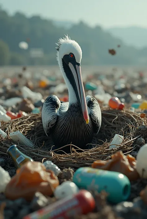 Image of a pelican in its nest invaded by garbage 