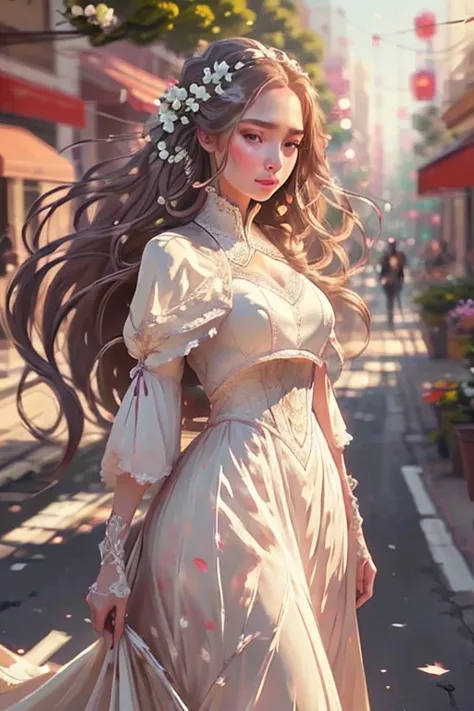 digital painting, a woman standing on a street, elegant white dress, long flowing hair, detailed face, detailed eyes, detailed l...