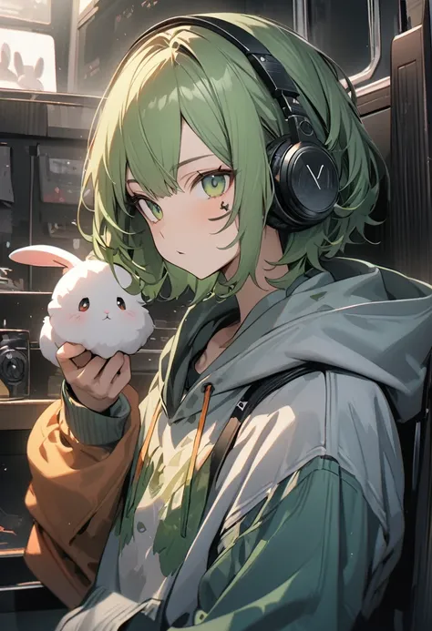 (masterpiece:1.2, Highest quality)、solo、Green Hair、long、Green Eyes、cool、Very detailed,male、、male、Neutral facial features、1 person, 20th Generation、alone, hoodie、headphone、gossiper、Rabbit