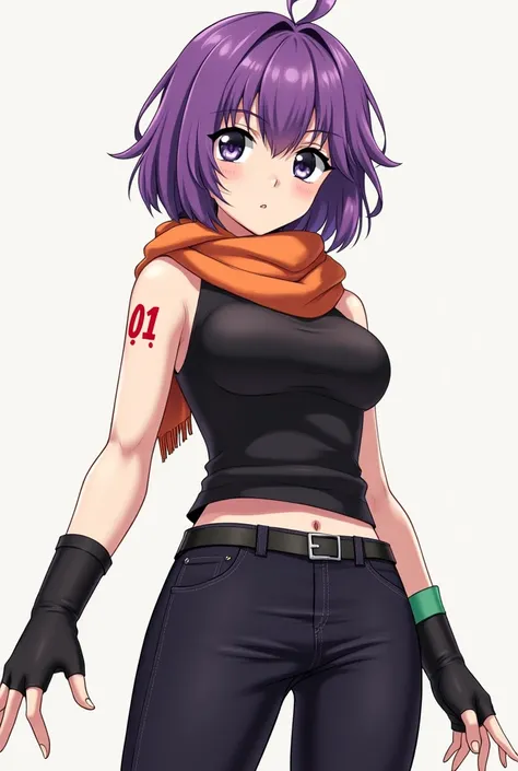 *a young pale lady with purple beanie and tip purple hair and black eye with orange scarf and with fingersless gloves black tank top and black officer pant with fade purple shoe also know as eva she got tattoo 01 that red she also wear green plain armband ...