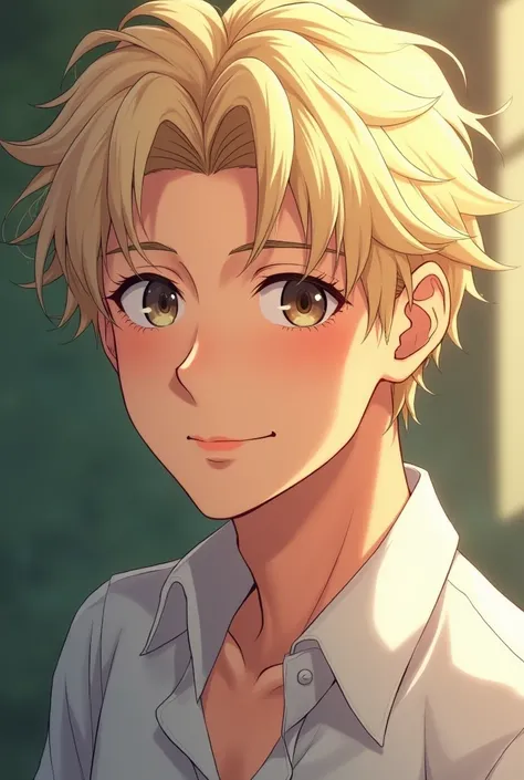 A mature man with light yellow hair and a kind appearance. Anime style But the face still looks like its from a young age.