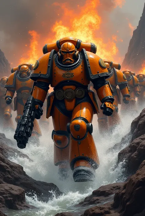 Crée une escouade de Space marine de warhammer 40k orange et noir qui avance dans un torrent de lave, certain avec une épée tronçonneuse de feu d’autre de fusils 