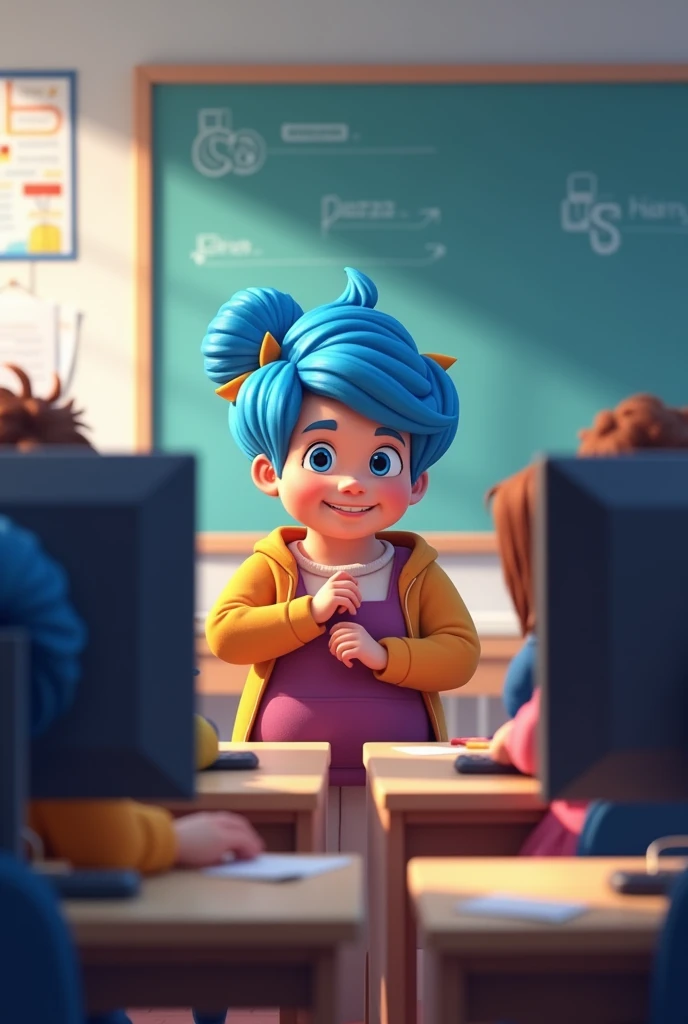 computer course with about 12 students and a chubby teacher with blue Disney-style hair