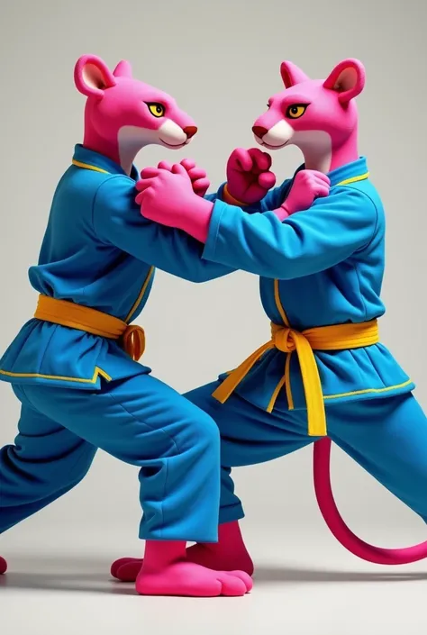 Drawing two pink panthers wearing vovinam uniforms, blue clothes, yellow belts. strong