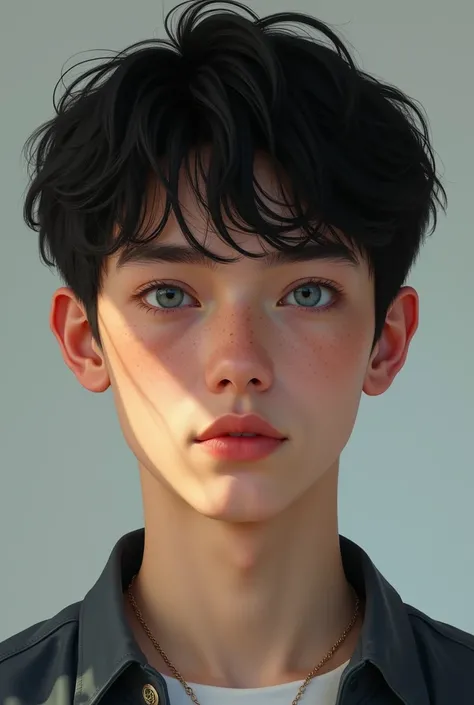  A 2 boy, black hair, blue eyes, fair and freckled skin (the freckles are slight).  That looks like the model Nic Kaufmann a single 2 boy, he is almost an adult 