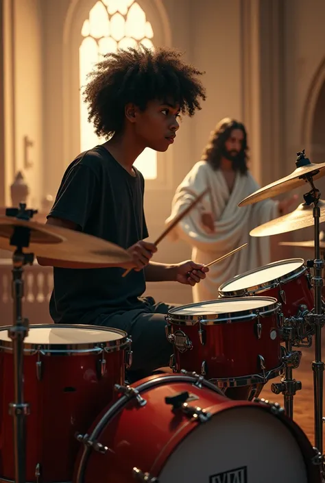 a teenage, , , brown skinned, Skinny, curly hair, Bblack hair, black tee, red tennis, pants, playing drums in church with Jesus by my side 