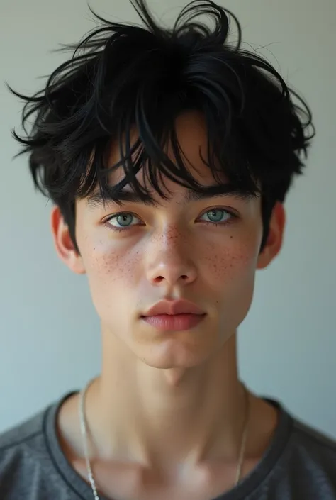  A 2 boy, black hair, blue eyes, fair and freckled skin (the freckles are slight).  That looks like the model Nic Kaufmann a single 2 boy, he is almost an adult 