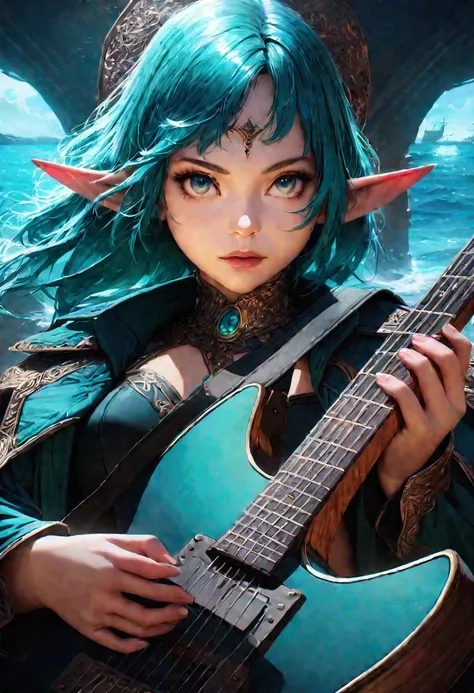 beautiful elf girl with turquoise eyes, short turquoise hair, traveler holding a black electric guitar, detailed face and features, Radiant skin, intricate costume details, Fantasy storm sea and pirat ship background, cinematic lighting, Digital art, very ...