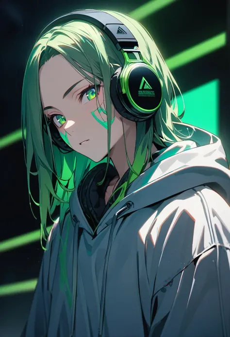 (masterpiece:1.2, Highest quality)、solo、Green Hair、long、Green Eyes、cool、Highly detailed man、male、Neutral facial features、1 person, 20th Generation、alone, hoodie, Facial Contour, headphone, RGB lighting 、