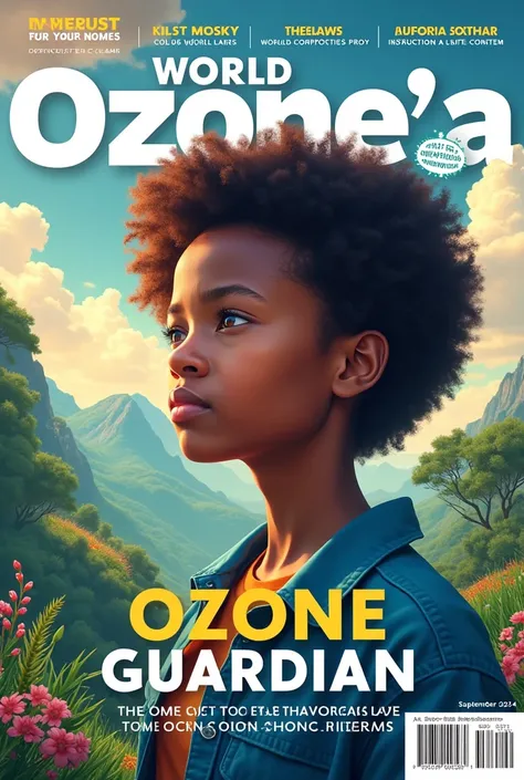 Make a magazine front page on topic ozone day  with some writen information add a barcode add month September and year 2024 in a seperate box only for it and put the barcode down and give  name to magazine in english 